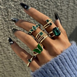 Wendalern Stackable Rings Set for Women Dainty Emerald Green Crystal Teardrop Square Knuckle Rings Stacking Diamond CZ Flower Butterfly Index Finger Rings Aesthetic Jewelry for Women