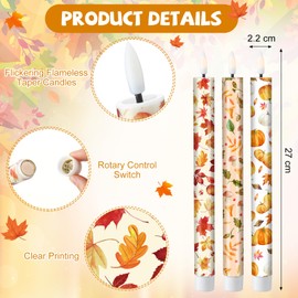 Grinsvalley 6 Pack Fall Flameless Taper Candles 10.6'' Plastic LED Candles 3D Wick Flickering Electric Tall Candlesticks Battery Operated for Christmas Fall Autumn Home Party Decor