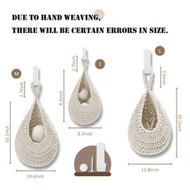 MKO SHUN Hanging Fruit Basket Set of 3, Boho Wall Hanging Storage Basket for Organizing, Handmade Teardrop Hammock Holder for Fruit Vegetable in Home & Restaurant Kitchen with Hooks, White Cotton