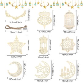 Ramadan Ornament Wooden Pendants, 9 Pieces Ramadan Decoration, DIY Wooden Pendant Decorations, Eid Mubarak Pendant, Moon Star Ornament, Wooden Pendant for Islamic Eid Mubarak Party Decoration