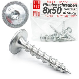 Lun Fix Post Screws 8.0 x 50 mm - Pack of 10 - T40 - Post Connector Screw - Corrosion Protection - Torx Mushroom Head Screws - White Galvanised Steel - Anchor Screws for Post Holders