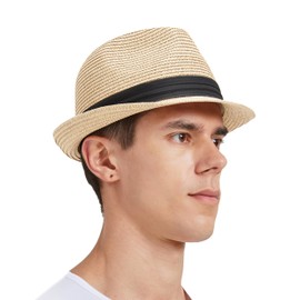 Zylioo S/M/L/XL/XXL Trilby Fedora Straw Hat for Large Head, Straw Sun Hat Men with Roll Up Brim, UV Protection, Summer Hat, Beach Hat, Cuban Beige, L