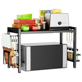 DOLALIKE Microwave Oven Rack, Expandable Microwave Stand Countertop Kitchen Utensils Tableware Storage, Carbon Steel Over Microwave Shelf Countertop with 6 Hooks