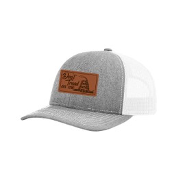 Heritage Pride Laser Engraved Leather Patch Don't Tread On Me Mesh Back Trucker Hat, Heather Grey/White