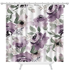 Mugod Floral Shower Curtains Vintage Watercolor Purple Flowers Seamless Pattern Decorative Bathroom Waterproof Fabric Shower Curtain with 12 Hooks 60 x 72 Inches