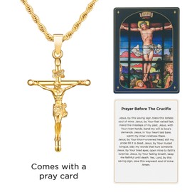 NORBU 18K Gold Over 925 Sterling Silver Crucifix Necklace for Men/Women, Cross Pendant Necklace with Rope Chain, 20 inch, Jewelry Box Included