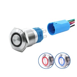 WerFamily 2 Colors Red Blue Angel Eye LED 16mm Latching Push Button Switch 1NO 1NC SPDT ON/Off Waterproof Metal Round with Wire Socket Plug