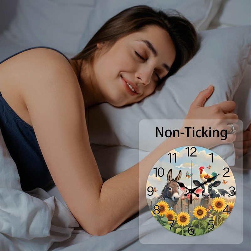 CHGCRAFT Farm Pattern Wall Clock 12 Inch Non-Ticking Clocks Cows