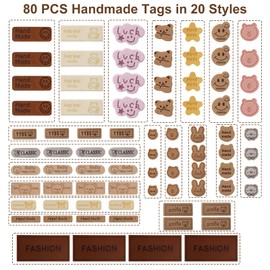 UOCAI Pack of 80 Handmade Labels for Sewing, Leather Labels for Sewing, Handmade Labels PU Leather, PU Handmade Leather Label, Handmade Embossed Label for DIY Jeans, Hats (20 Styles)