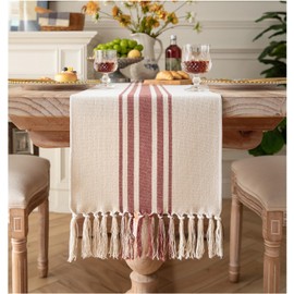 Caflife Boho Table Runner for Modern Farmhouse Fall Decor, Dining Table décor 13 x 60 Inch Long, Coffee Table Runner with Handcrafted Tassels, Rust and Beige Stripe Table Runner for Home Boho décor