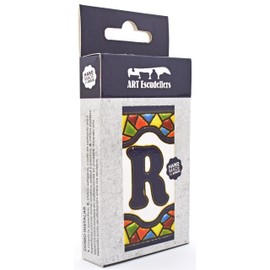 Handpainted polichrome ceramic tiles. letters and numbers handpainted using dry rope technique perfect to create signs,addresses and names. Design MOSAICO MINI 2,87"X1,38" (LETTER R)