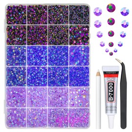 qiipii 2mm-6mm 3 Color Purple AB Series Jelly Resin Rhinestones w B7000 Glue for Bedazzling Crafting Flatback Stones Gems Diamonds for Nails Face Eyes Makeup Tumblers Bottles DIY Crafts Clothes Shoes