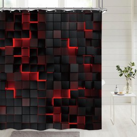 Riyidecor Black Red Shower Curtain 60Wx72H Inch Abstract Wall Brick Modern 3D Gradient Design Futuristic Cubes Geometric Plaid Man Boys Cool Bathroom Decor Fabric Polyester Waterproof 12 Pack Hooks