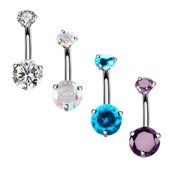 YHMM 14G Surgical Steel Belly Button Rings, Internally Threaded 12mm Long Round CZ Navel Barbell Stud for Women Men (4 Pcs Clear+Colorful+Blue+Purple)