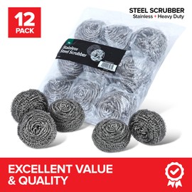 Stainless Steel Scrubber (12 Pack) Stainless Steel Wool Scrubber Sponge for Cleaning Dishes, Cast Iron Pots and Pans, Grills and Appliances, Heavy Duty Stainless Steel Scouring Pad for Tough Residue