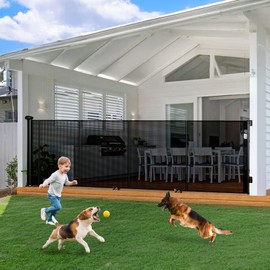 Reinforced 150 Inch Wide Retractable Baby Gate Indoor, 42’’ Tall Dog Gate Extra Wide with Child Lock, Length-Adjustable Mesh Gates Suitable for Stairs, Rooms, Doorways, Hallway, Kitchen