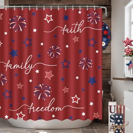 MEHOFOND 4th of July Shower Curtain Red Blue Stars Firework Faith Family Freedom Bathroom Curtain Red Independence Day Patriot Home Bathtub Decor Fabric Waterproof Bath Curtain 72x72 Inch