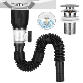 Sink Drain Fitting, Drain Pipe Kit for Sink Drain, with Pop-Up Drain Plug and Flexible Drain Hose, Siphon Sink Kits for Bathroom, Toilet, Kitchen Sink, Extendible from 300 - 1000 mm