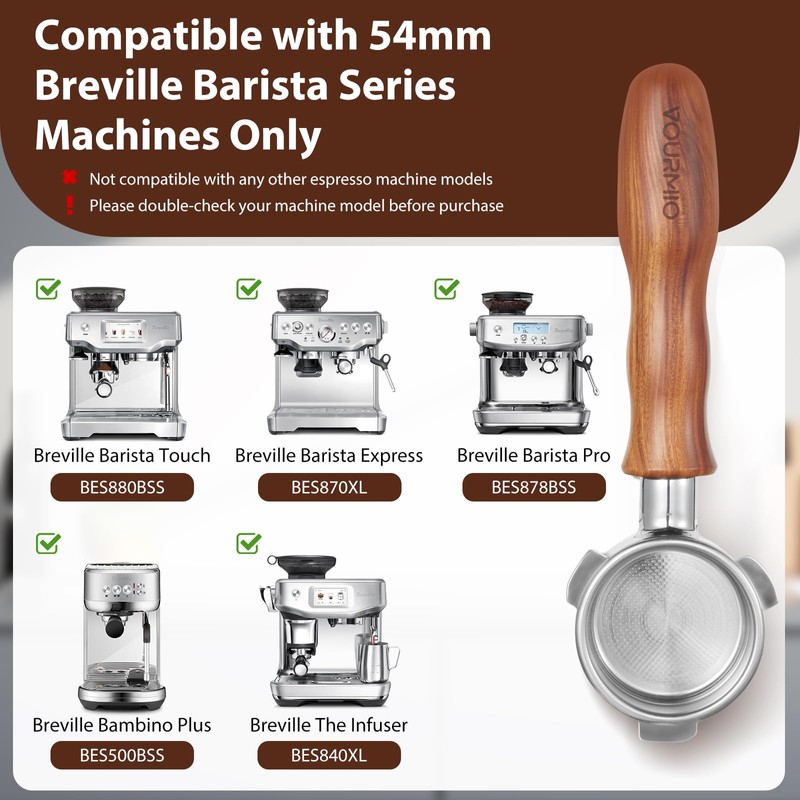 VOURMIO 54mm Bottomless Portafilter - Breville Compatible Naked Portafilter, Rosewood