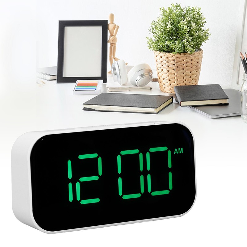 LED Digital Alarm Clock Brightness Adjustable 12/24Hr White Shell Green