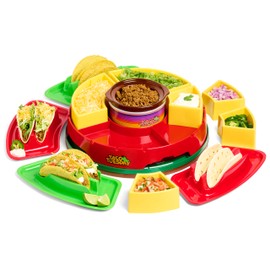 Nostalgia Taco Tuesday Heated Lazy Susan Taco Bar Serving Set for a Party with 4 Tortilla Holders, Fondue Pot for Burritos, Nachos, and Fajitas - 20 Oz. - Red