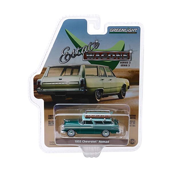 Greenlight 29930-B Estate Wagons Series 2-1955 Nomad - Neptune Green/Sea Mist Green with Surfboard 1:64 Scale