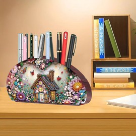 ARTopet Diamond Art Painting Multi-Grid Storage Box DIY Wooden Moon Fan-Shaped Tabletop Organizer Double Sided Drill Makeup Brush Organizer for Women Office Home Ornament-House
