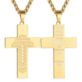 GLITTO Football Cross Necklace for Boys Men Stainless Steel Pendant Chain Religious Christian Baptism First Communion Confirmation Stuff Gear Accessories Jewelry Gift Philippians 4:13 Gold