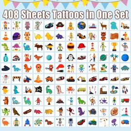 Acevegue 408 Blätter Tattoo Kinder Jungen, Hautfreundlich Tattoos für Kinder Set, Weltraum Dinosaurier Tiere Kindertattoos Kindergeburtstag Gastgeschenke Geburtstagsparty Deko Sticker Spielzeug