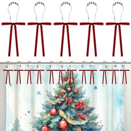 Moxweyeni 12 Pcs Christmas Bow Shower Curtain Hooks Decor Red Vintage Velvet Knot Bows Shower Curtain Hooks for Christmas Metal Bathroom Decoration