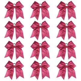DEEKA 12 PCS 7" Large Glitter Cheer Bows Shiny Cheer Hair Bows Ponytail Holder Handmade for Cheerleader Girls Softball Sports -Pink