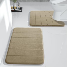 Yimobra Bathroom Rugs Sets 2 Piece, 24x17 Absorbent Bath Mat and 24x20 Toilet Rug Set, Memory Foam Non-Slip Bath Mat Set, Machine Washable Dry, U-Shaped Toilet Mat, Pale Khaki