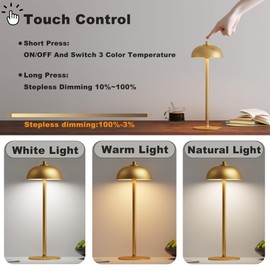 JONEMO 2 Pack Cordless Table Lamp, 5000mAh Portable Rechargeable Table Lamp, 3 Color Modes Stepless Dimming Table Light with Memory Function, for Dinner, Patio, Home, Restaurant.(Gold)