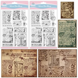 GLOBLELAND 2 Sheets Vintage Handwriting Texts Clear Stamps for Cards Making Retro Dragonfly Daisy Transparent Stamp Invoice Silicone Stamps Seal for DIY Scrapbooking Embossing Photo Album Decor