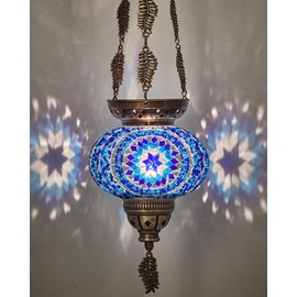 DEMMEX Turkish Moroccan Mosaic Hanging Candle Holder Decorative Lantern with Colorful Mosaic Glass Globe and Metal Leaf Chains, Handmade in Turkey, 24" H, Blue