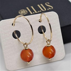 I.L.U.S Women's Hoop Earrings 925 Silver Gold-Plated - Ball Pendant Made of Real Gemstone - 18K Yellow Gold Plated - Fashionable Jewellery for Teens & Women, Sterling Silver, Carnelian