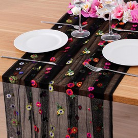 BINBE - Camino de mesa de 3 piezas, color negro, gasa bordada, 10 pies, flores de tul de temporada, día festivo, cumpleaños, cocina, comedor, decoración para fiestas en casa