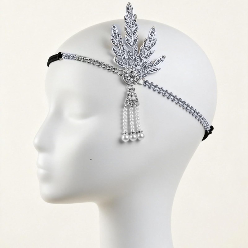 1920s Flapper Headband Silver Rhinestone Leaf Headpiece with Pearl Tassel