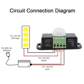 RTNLIT 12V 24V PIR Sensor, LED Motion Sensor Light Switch Body Infrared Motion Detector Controller for Flexible LED Strips Light(Black) (Pack of 1)