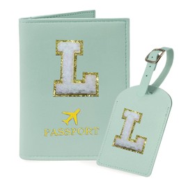 COSHAYSOO Green Passport Cover and Luggage Tag Set TSA Approved with Her Initial Chenille Letter Patch, Fashionable Travel Bag Backpack Suitcase Identifier Gifts for Granddaughter Grandma Mother (L)