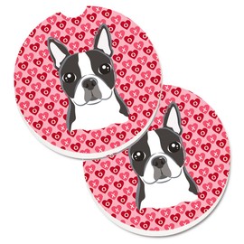 Caroline's Treasures BB5273CARC Boston Terrier Hearts Set of 2 Cup Holder Car Coasters, Large, multicolor