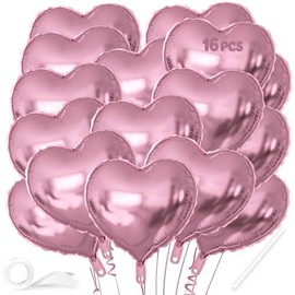 16 Pcs Heart Balloons, 18 Inch Pink Love Heart Shaped Foil Balloons for Wedding Anniversary Birthday Party Valentine Decorations Baby Shower Bridal Shower Engagement Decorations Supplies