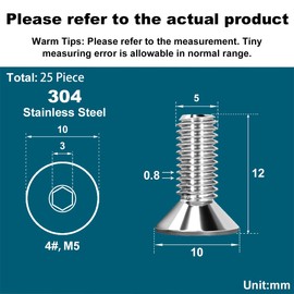 Drenky M5 Screws, M5 X 12mm Screws Countersunk Bolts 304 Stainless Steel Screws Flat Head Hex Socket Cap Screws DIN 7991 / ISO 10642 Fully Thread Rustproof Machine Screws, 25 Pcs