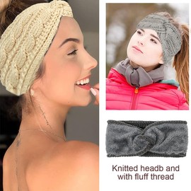 VBKITW Pack of 2 (Beige + Light Grey) Women's Winter Headbands, Headbands, Women's Winter Lined Fleece Headbands, Knitted Headbands