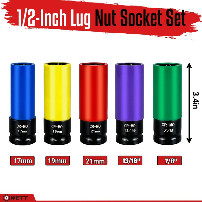 WETT 1/2-Inch Drive Lug Nut Socket Set, 5-Piece Wheel Protector