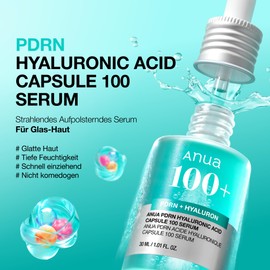 Anua PDRN Hyaluronic Acid Capsule 100 Serum, Radiant Face Serum, Salmon DNA, Hyaluronic Acid, Hydration, Plumping Moisturising Effect, Lightweight, Glass Skin, Korean Skincare, 30 ml