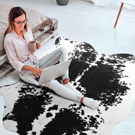 Terrug Cowhide Rug Western Decor, 4.6 x 5.2 Feet Premium Western Cow Print Rug, Large Faux Cowhide Rug for Living Room Bedroom Entryway Kitchen Hallyway Party Wall Home Decor, Black White