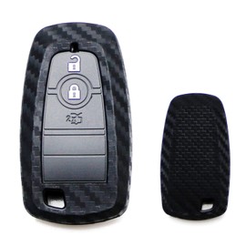 iJDMTOY Carbon Fiber Pattern Soft Silicone Key Fob Cover Compatible with 2017-up Ford Edge Fusion and 2018-up Ford Mustang F-150 F-250 Explorer Expedition Smart Key (Black Twill Weave)