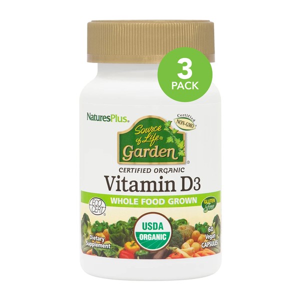 NaturesPlus Source of Life Garden Vitamin D3-60 Vegan Capsules, Pack of 3 - Immune System Support - Certified Organic, Non-GMO, Gluten Free - 90 Total Servings