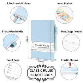 feela 12 Pack Notebooks Journals Bulk, Hardcover Notebook Classic Ruled Lined Journals with Pen Holder for Women Girls School Business Supplies, with 12 Black Pens, 120 GSM, 5.1”x8.3”, A5, Light Blue